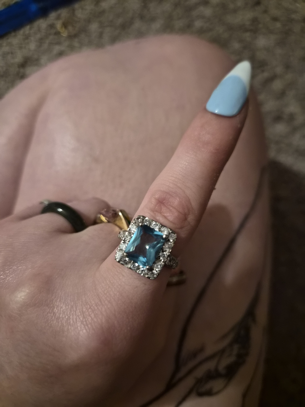 Sterling Silver Blue Gem Halo Ring - Blue